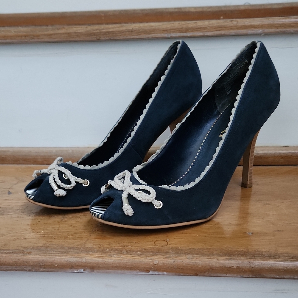 MIA Marbella Blue and White Nautical Heels with Decorative Bows